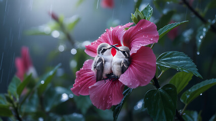 Two hummingbirds cuddling inside pink hibiscus flower in the rain