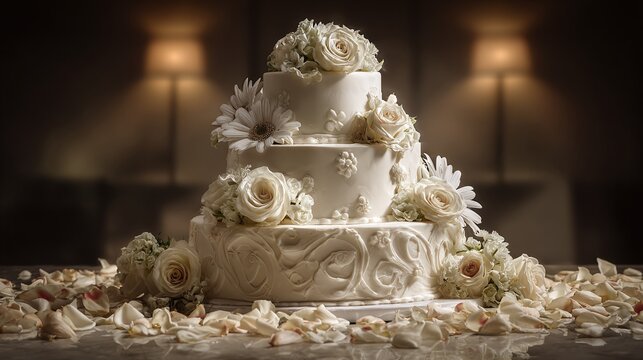 Elegant three-tiered cake adorned with white roses and floral decorations, resting on a marble surface amidst scattered rose petals. - Powered by Adobe
