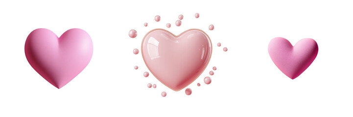 Set of A pink heart-shaped object with a soft reflection of another pink heart glowing on its surface on transparent png background. Ai generated