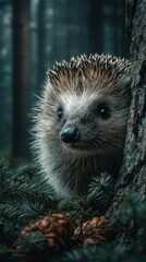 Fototapeta premium Hedgehog peeking from behind a tree in a dense forest during twilight hours