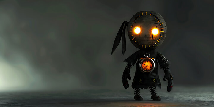 Eerie burlap doll with glowing eyes and clockwork heart