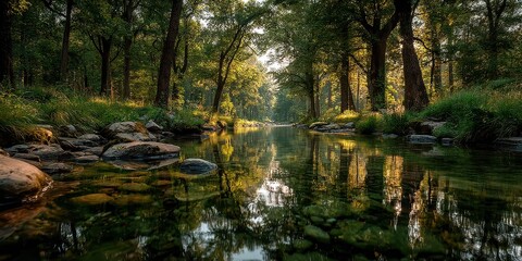 Stunning river landscape with lush trees and reflective waters creating a serene atmosphere in the early morning light