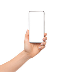 Female hand holding cellphone with big blank screen over white background, free space
