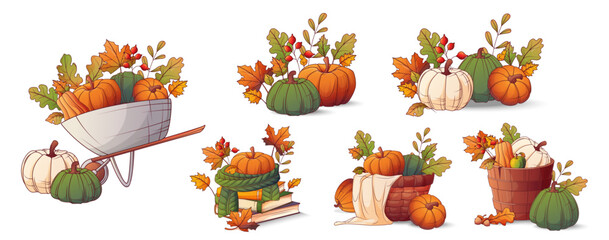 Vector set of autumn compositions with pumpkins, baskets, cart and fall leaves. Cozy harvest illustrations for Thanksgiving, seasonal design, decoration, posters and cards.