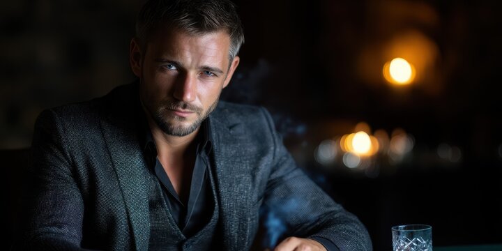 Charismatic man in a stylish suit enjoying a drink in a dimly lit lounge during the evening hours