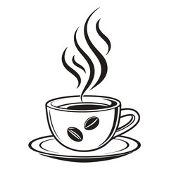 black and white illustration of a hot cup of coffee with steam,minimalist art style,vector graphic,high detail
