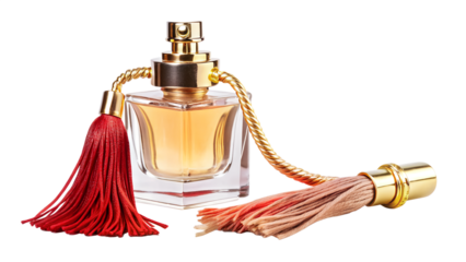 Elegant perfume bottle isolated on transparent background, exuding luxury and sophistication with its golden accents and vibrant red tassel detail