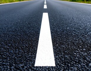A close-up view of a newly paved road, the white line sharply defined against the dark asphalt