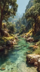 Naklejka premium Crystal clear river flows through a lush green valley surrounded by towering mountains on a sunny day in summer