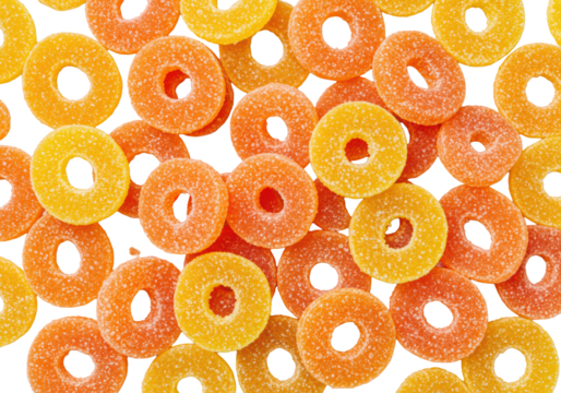 Numerous translucent ring-shaped gummy candies with orange-yellow gradient and sparkling sugar, on a transparent background with diffused studio light. Concept for food product marketing