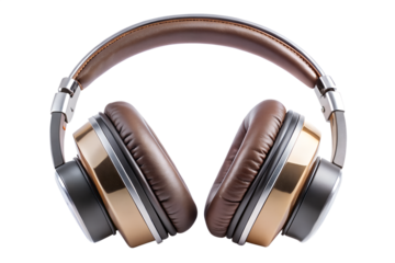Brown and gold wireless headphones isolated on transparent background, offering a blend of vintage aesthetics and modern audio technology for music enjoyment
