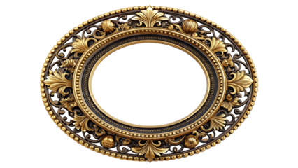 Elegant oval gold frame isolated on transparent background, perfect for showcasing cherished memories and adding a touch of vintage charm to your photos or artwork