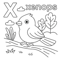Coloring page of xenops bird with letter x and clouds and trees in outline style for kids activity