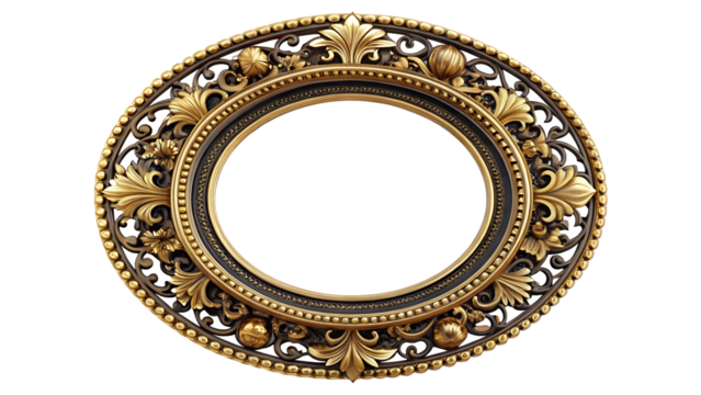 Elegant oval gold frame isolated on transparent background, perfect for showcasing cherished memories and adding a touch of vintage charm to your photos or artwork