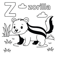 Coloring page featuring a zorrilla with the letter z, clouds, and grass in a black and white illustration