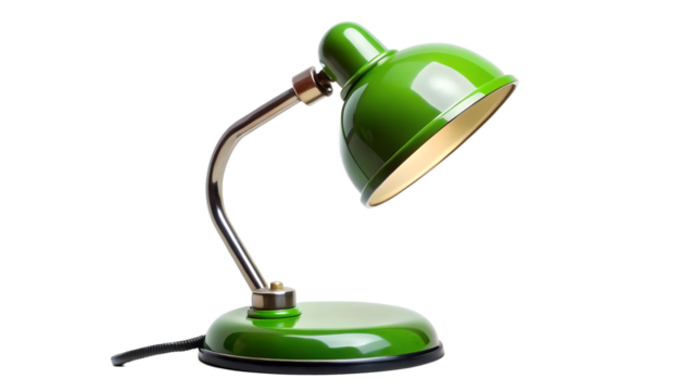 Green desk lamp isolated on transparent background, a classic and functional lighting fixture for reading, studying, or working in a home or office