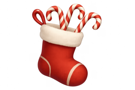 Christmas stocking filled with candy canes on transparent background
