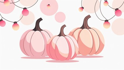 Pastel pink pumpkins with string lights and abstract circular decorations on a white background