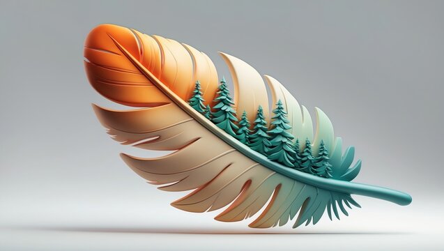 Abstract feather design with miniature evergreen trees in gradient orange and teal tones on a light background