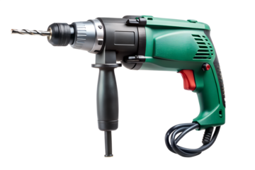 A green and black power drill isolated on transparent background, a versatile tool for drilling holes and driving screws in various materials
