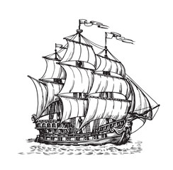 Vintage Sailing Ship on Waves – Hand Drawn Nautical Engraving Vector Illustration