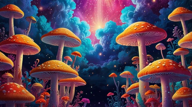 Groovy Hippie Era Poster of Magical Rainbow Mushrooms in Psychedelic Color Explosion