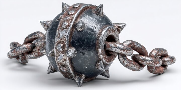 Spiked flail ball attached to a rusty chain on white background