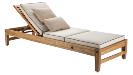 Stylish wooden lounge chair with comfortable cushions isolated on transparent background ideal for relaxing outdoors in a garden or on a patio