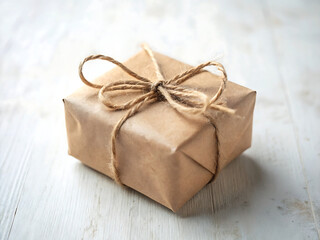A small gift wrapped in brown paper and tied with twine sits on a white wooden surface
