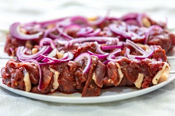 Typical Brazilian barbecue skewer made with filet mignon, a traditional happy hour snack. Espetinho, churrasquinho