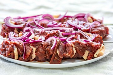 Typical Brazilian barbecue skewer made with filet mignon, a traditional happy hour snack. Espetinho, churrasquinho