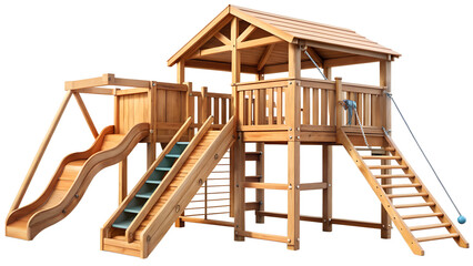 Wooden playground with slide and stairs isolated on transparent background outdoor play equipment for children summer fun and recreation