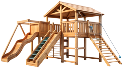 Wooden playground with slide and stairs isolated on transparent background outdoor play equipment for children summer fun and recreation