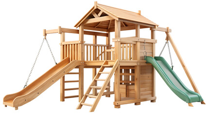 A wooden playset with two slides and a climbing structure isolated on transparent background, perfect for outdoor fun and active play for children