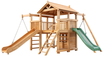 A wooden playset with two slides and a climbing structure isolated on transparent background, perfect for outdoor fun and active play for children