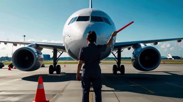 A ground traffic controller skillfully directing an airplane to the gate on the taxiway at a busy airport, cinematic close-up with dramatic lighting, showcasing precision, focus and aviation operation