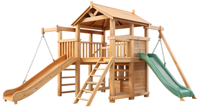 A wooden playset with two slides and a climbing structure isolated on transparent background, perfect for outdoor fun and active play for children