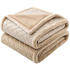 Stack of Two Quilted Beige Blankets with Plush Fur Trim throw isolated on a white transparent background png file download.