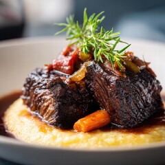 Slow-cooked beef short ribs braised in red wine, beef broth, vegetables until incredibly tender and flavorful. Served over mashed potatoes or polenta