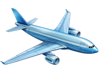 3d illustration of a sleek, metallic blue passenger jet airplane, depicted in a realistic illustration style, isolated on a transparent background