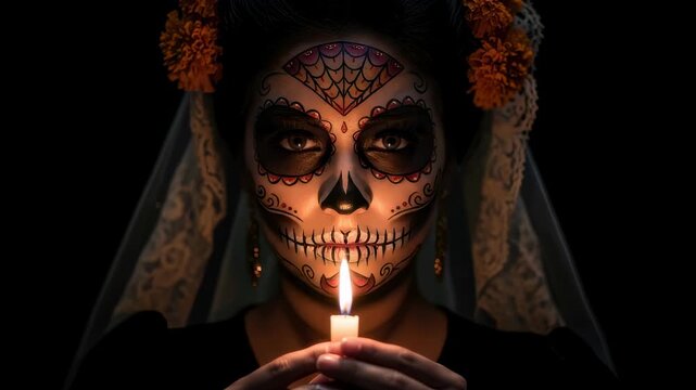 Woman wearing sugar skull makeup holding lit candle. Day of the Dead celebration with calavera face painting for Mexican holiday footage.