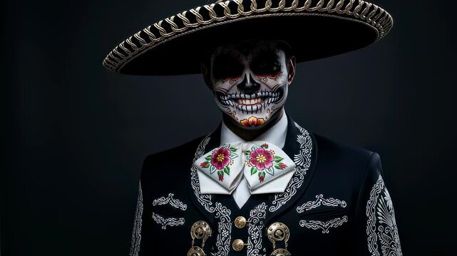Man with sugar skull makeup for Day of the Dead celebration. Dia de los Muertos calavera costume for holiday event footage.