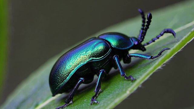 Stunning Closeup of an Iridescent Green Beetle Scarab on a Lush Green Leaf, Ideal for HighImpact Visual Content Inspires Creativity and Ecoconsciousness.