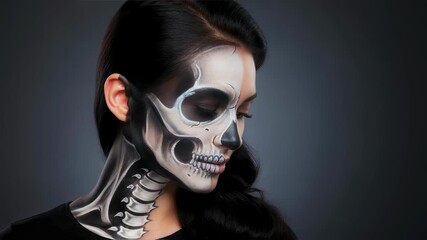 Woman with half face painted as skeleton, spooky Halloween makeup theme. Death, scary day of dead artistic beauty, video.