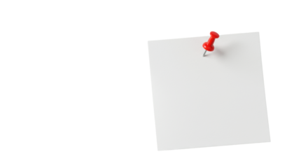 White square note paper pinned by a red pushpin on a transparent background, vast copy space, minimalist flat lay with soft lighting, concept of a fresh start