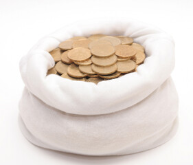 A bag with coins against a white background