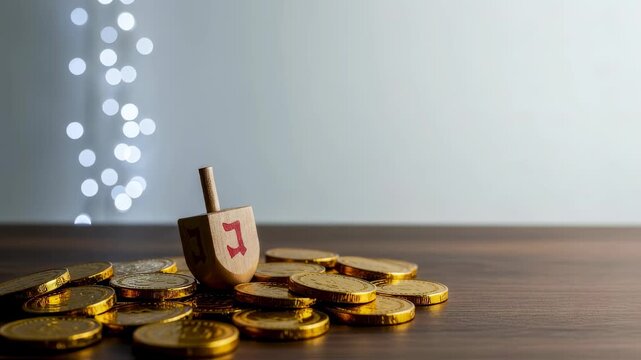 Wooden dreidel and gold gelt coins on a table for Hanukkah celebration. Jewish holiday symbols footage.