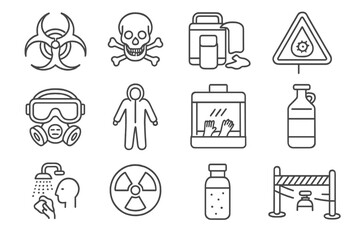 Chemical Hazard Icons. Line style icons of chemical and biological hazards: biohazard sign, toxic gas icon, spill cleanup kit,