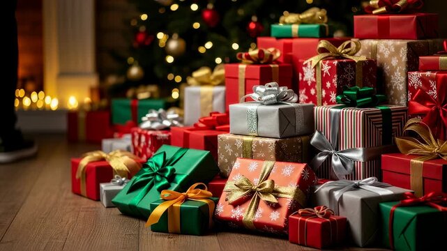 Many colorful gift box under bright Christmas tree and near fireplace, holiday celebration concept footage.