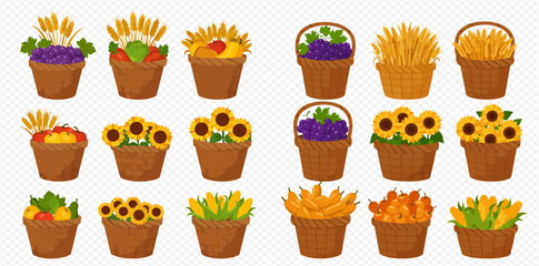 A collection of various autumn harvest items, including grapes, wheat, sunflowers, corn, and mixed produce, presented in rustic baskets and pots.